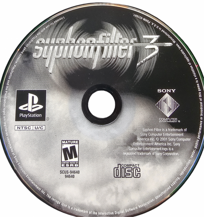 Syphon Filter 3 Greatest Hits PlayStation 1 PS1 for third person action stealth video game fans featuring Gabe Logan and Lian Xing tactical missions espionage gameplay weapon combat enemy encounters stealth objectives cinematic storytelling and classic Sony PlayStation gaming collectible appeal disc
