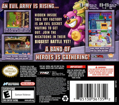 Nicktoons: Attack of the Toybots back of case for Nintendo DS (DS) cartoon action adventure video game