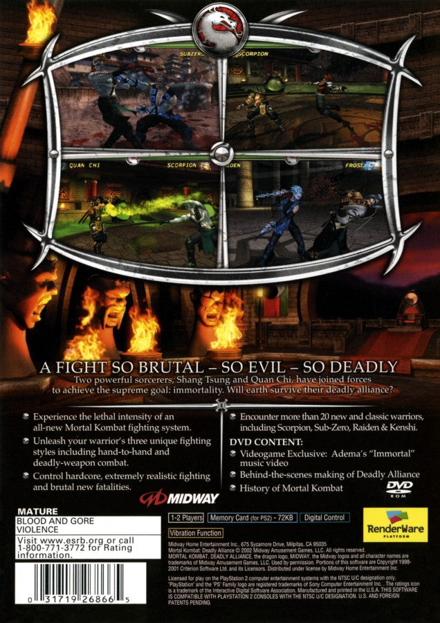 Mortal Kombat Deadly Alliance PlayStation 2 (PS2) fighting video game back of case