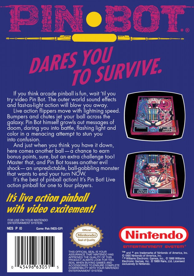 Pin Bot Nintendo Entertainment System NES for pinball video game fans featuring realistic digital pinball gameplay multiple themed tables bonus stages high score challenges fast paced arcade action classic Nintendo entertainment retro gaming collectible gaming appeal back cover art