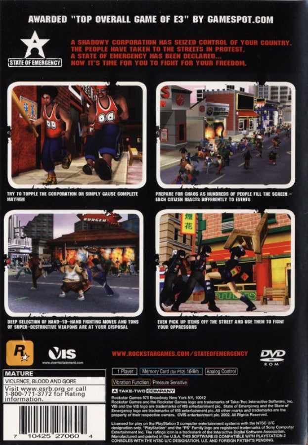State of Emergency – PlayStation 2 (PS2) video game back of case, action beat 'em up.