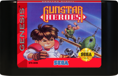 Gunstar Heroes Sega Genesis GEN for retro video game enthusiasts featuring side scrolling run and gun gameplay fast paced cooperative action explosive boss battles unique weapon combinations vibrant 16 bit visuals and collectible gaming appeal cartridge 