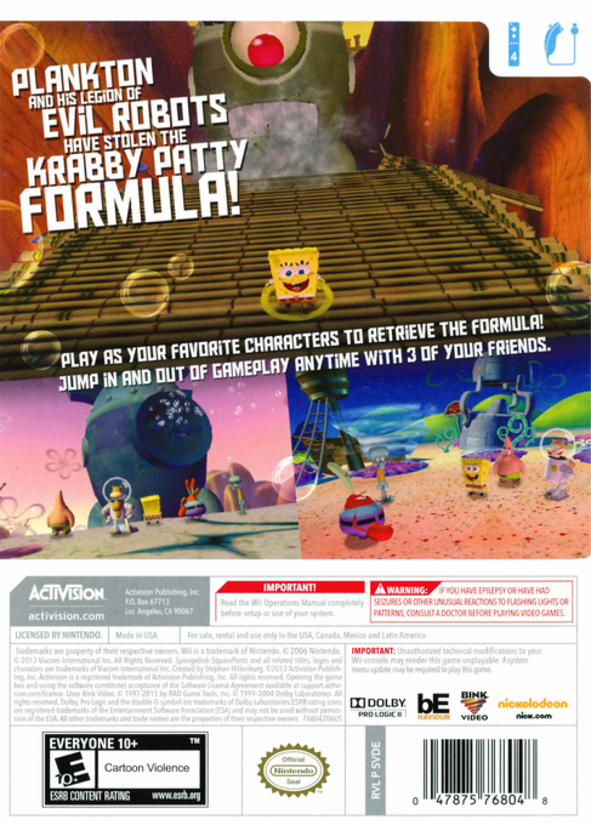 SpongeBob SquarePants Plankton's Robotic Revenge Nintendo Wii for action adventure video game fans featuring SpongeBob and Bikini Bottom characters robotic enemies third person shooting gameplay cooperative multiplayer colorful environments cartoon humor and family friendly adventure collectible gaming appeal back cover art