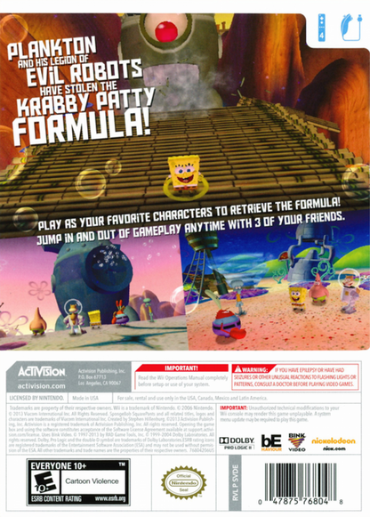 SpongeBob SquarePants Plankton's Robotic Revenge Nintendo Wii for action adventure video game fans featuring SpongeBob and Bikini Bottom characters robotic enemies third person shooting gameplay cooperative multiplayer colorful environments cartoon humor and family friendly adventure collectible gaming appeal back cover art