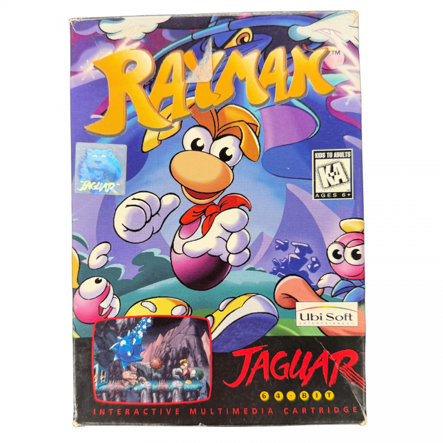 Rayman Atari Jaguar Rayman platformer game cartridge retro 90s side scrolling adventure classic platforming title fantasy worlds collectible game cover art 