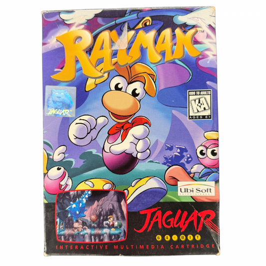 Rayman Atari Jaguar Rayman platformer game cartridge retro 90s side scrolling adventure classic platforming title fantasy worlds collectible game cover art 