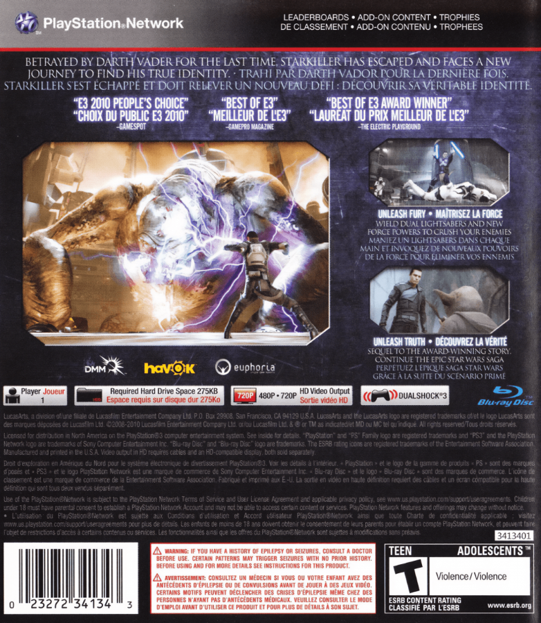 Star Wars: The Force Unleashed II back cover art for PlayStation 3 (PS3) video game