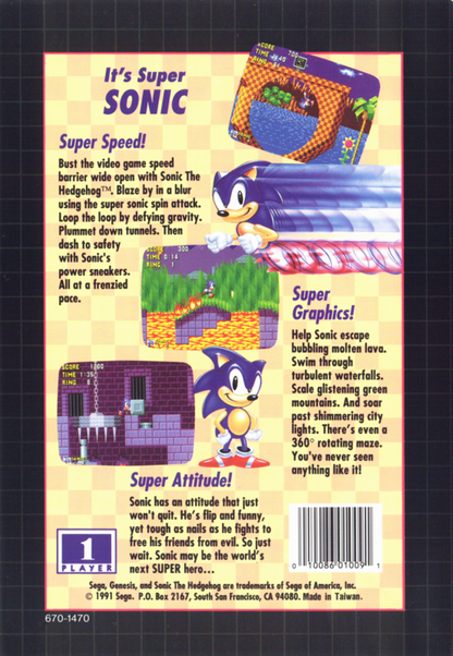 Sonic the Hedgehog Not for Resale Sega Genesis classic platformer with fast-paced gameplay and iconic blue hedgehog character back cover