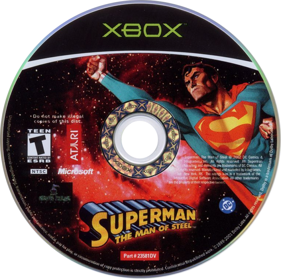 Superman Man of Steel Xbox action adventure video game featuring Superman flying through Metropolis battling supervillains and enemies using super strength heat vision and other powerful abilities fast-paced combat city exploration challenging missions and classic original Xbox gameplay collectible retro gaming appeal game disc