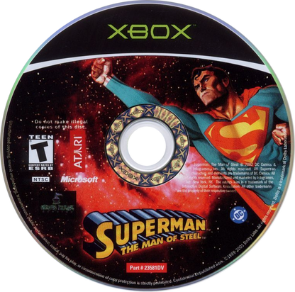 Superman Man of Steel Xbox action adventure video game featuring Superman flying through Metropolis battling supervillains and enemies using super strength heat vision and other powerful abilities fast-paced combat city exploration challenging missions and classic original Xbox gameplay collectible retro gaming appeal game disc