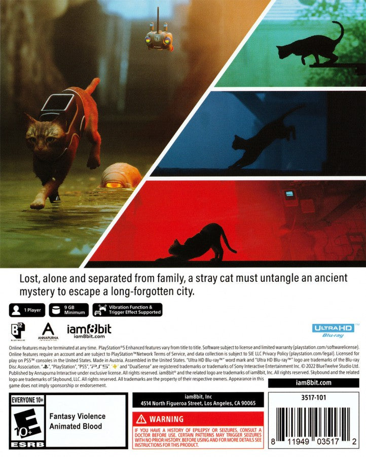 Stray for PlayStation 5 with futuristic city exploration featuring a stray cat protagonist back cover