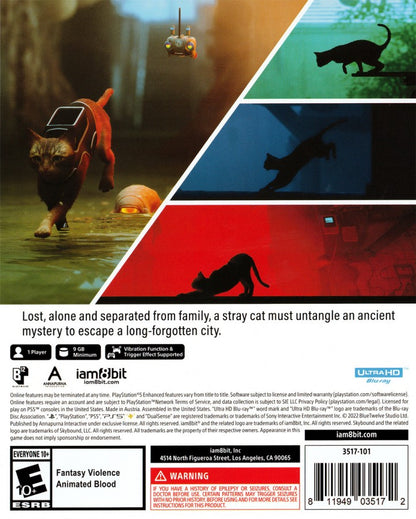 Stray for PlayStation 5 with futuristic city exploration featuring a stray cat protagonist back cover