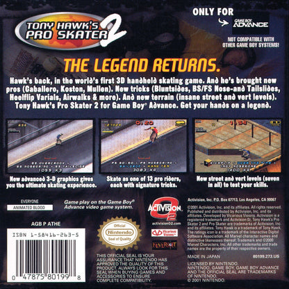 Tony Hawk's Pro Skater 2 game for the Game Boy Advance featuring skateboarding gameplay with isometric perspective trick combos career mode objectives and multiple skaters across condensed versions of classic levels adapted from the console release back cover art