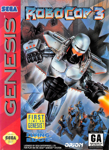 RoboCop 3 Sega Genesis GEN for retro video game enthusiasts featuring action shooter gameplay side scrolling combat futuristic law enforcement missions explosive weapon action cybernetic hero challenges movie inspired adventure and collectible gaming appeal front cover