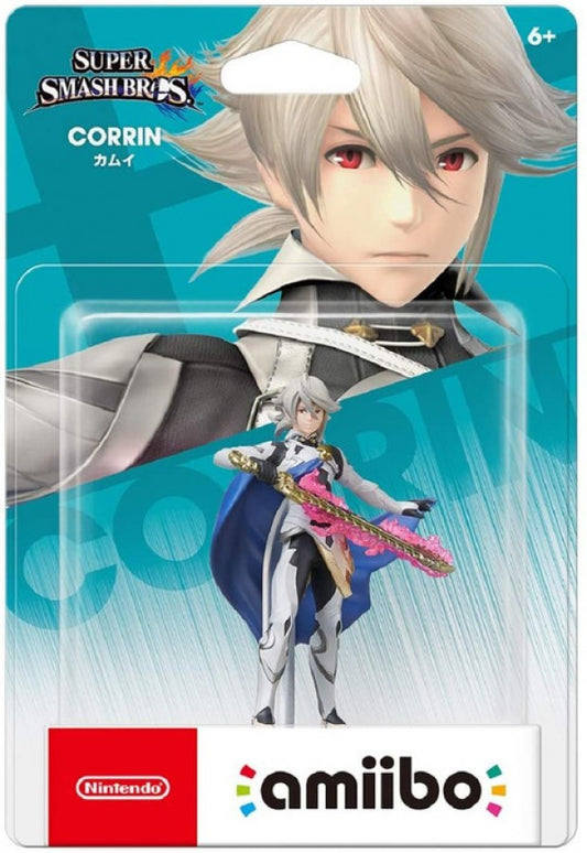 Corrin Super Smash Bros Amiibo sealed figure featuring the Fire Emblem character in detailed armor design with sword pose NFC functionality for in game bonuses compatible with Nintendo Switch Wii U and 3DS and collectible Nintendo figure from the Super Smash Bros series in box