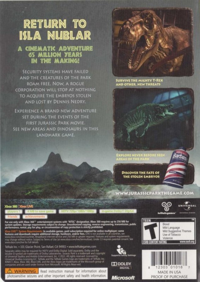 Jurassic Park: The Game back of case for Xbox 360 (X360) episodic graphic adventure video game