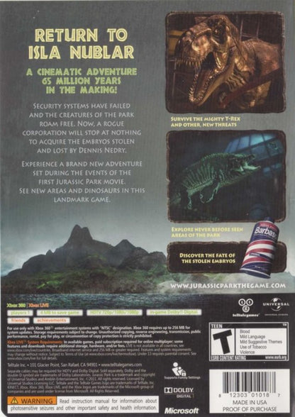 Jurassic Park: The Game back of case for Xbox 360 (X360) episodic graphic adventure video game