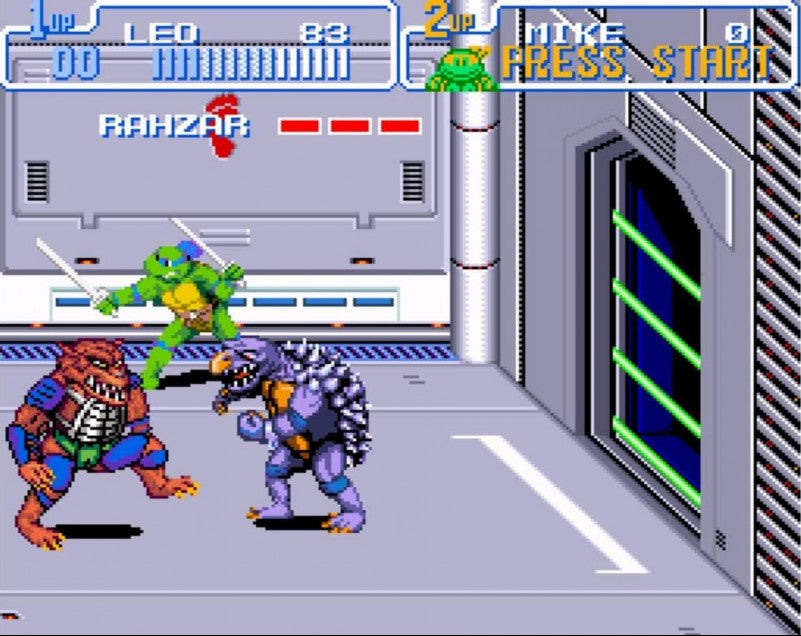Retro Turtles in Time SNES inspired design featuring classic Teenage Mutant Ninja Turtles beat em up aesthetic side scrolling arcade action time traveling adventure pixel art combat iconic Konami gameplay nostalgic Super Nintendo presentation gameplay