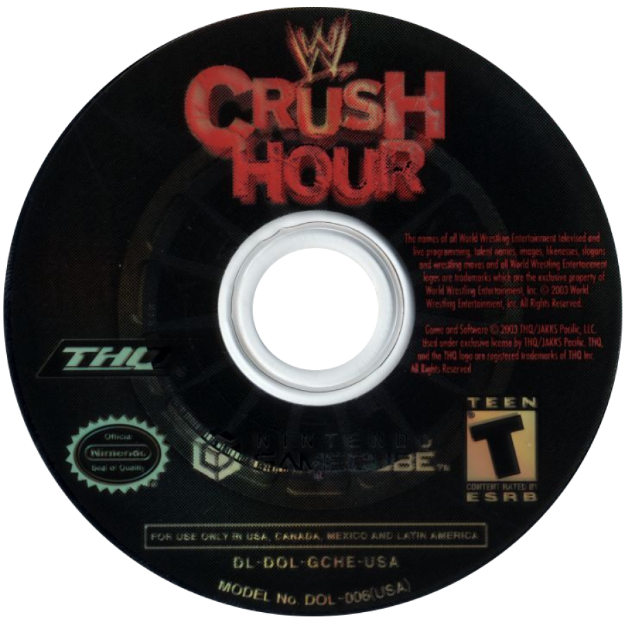 WWE Crush Hour Nintendo GameCube GC video game featuring vehicular combat action gameplay WWE superstars and wrestling characters weaponized cars explosive arena battles machine guns missiles rockets vehicle upgrades destructive racing combat special attacks championship challenges and chaotic professional wrestling themed driving action classic Nintendo GameCube arcade combat retro video game collection collectible gaming appeal game disc