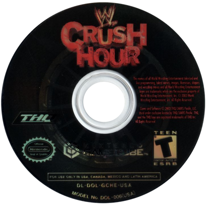 WWE Crush Hour Nintendo GameCube GC video game featuring vehicular combat action gameplay WWE superstars and wrestling characters weaponized cars explosive arena battles machine guns missiles rockets vehicle upgrades destructive racing combat special attacks championship challenges and chaotic professional wrestling themed driving action classic Nintendo GameCube arcade combat retro video game collection collectible gaming appeal game disc