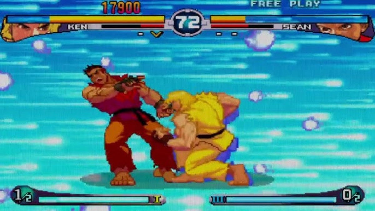 Street Fighter III Double Impact game for the Sega Dreamcast featuring 2D fighting gameplay with refined combat mechanics multiple character roster options arcade style matches and enhanced versions of Street Fighter III and 2nd Impact with parry based combat and competitive versus modes gameplay