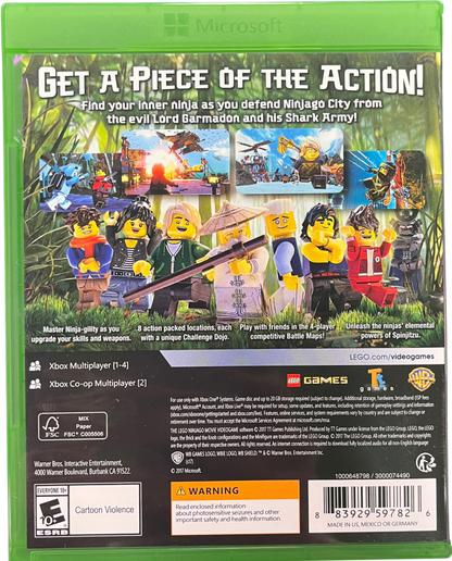 LEGO NINJAGO Video Game Xbox One for retro video game enthusiasts featuring action adventure gameplay martial arts combat cooperative multiplayer missions LEGO building mechanics ninja themed exploration humorous storytelling and collectible gaming appeal back art 