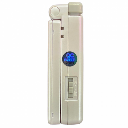 Game Boy Advance SP GBA SP Pearl White AGS 001 handheld console featuring flip screen design front lit display rechargeable battery compact portable gaming system Game Boy Advance compatibility classic Nintendo handheld hardware retro gaming collection collectible gaming appeal power side