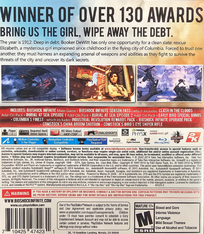 BioShock Infinite The Complete Edition PlayStation 3 PS3 video game featuring first person shooter action adventure gameplay floating city of Columbia exploration immersive story supernatural powers intense combat and iconic characters PlayStation 3 retro video game collection collectible gaming appeal back cover art