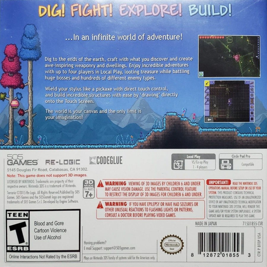 Terraria Nintendo 3DS for video game enthusiasts featuring sandbox adventure gameplay crafting resource gathering exploration building survival action procedurally generated worlds boss battles and collectible gaming appeal back art 