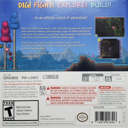Terraria Nintendo 3DS for video game enthusiasts featuring sandbox adventure gameplay crafting resource gathering exploration building survival action procedurally generated worlds boss battles and collectible gaming appeal back art 