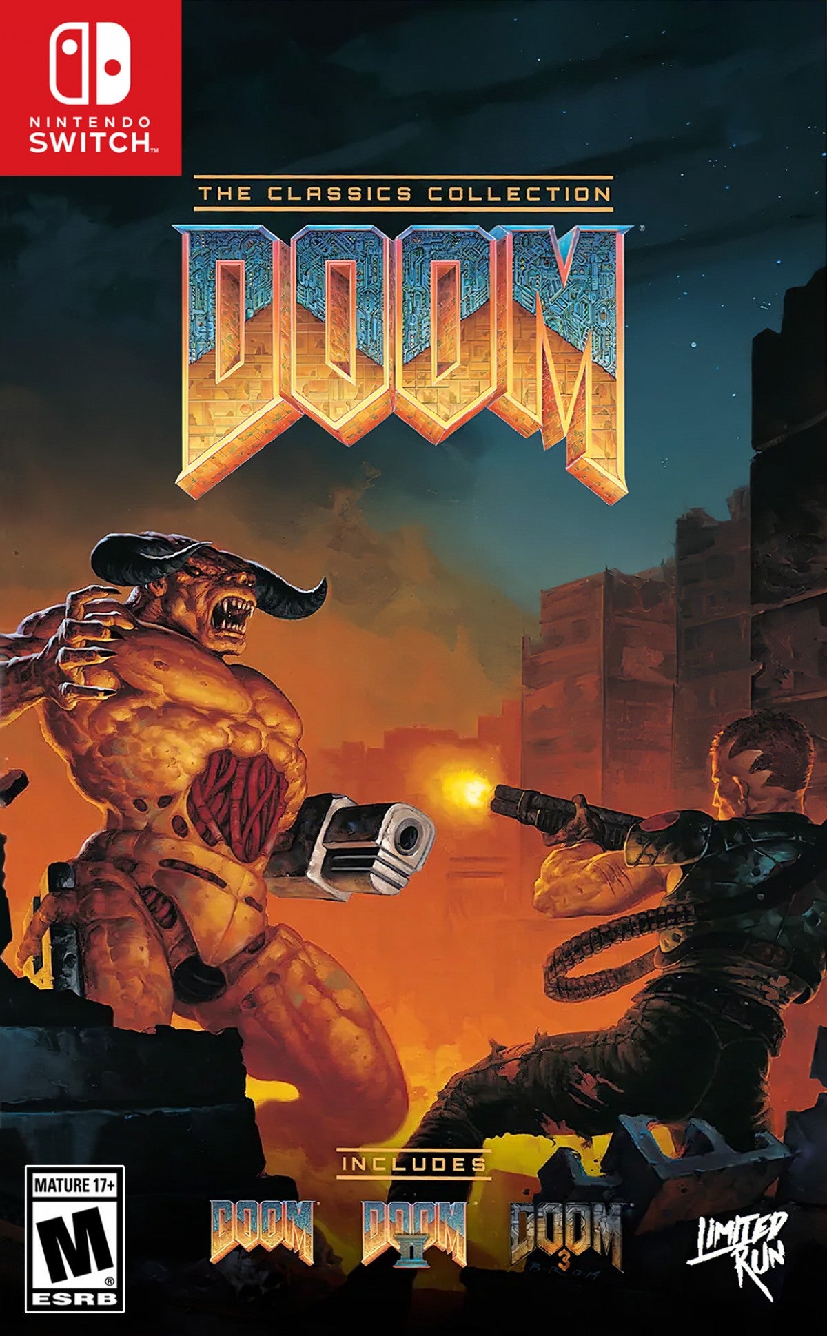 DOOM The Classics Collection for Nintendo Switch featuring classic first person shooter action with multiple iconic DOOM titles included cover art