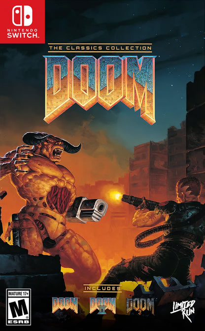 DOOM The Classics Collection for Nintendo Switch featuring classic first person shooter action with multiple iconic DOOM titles included cover art