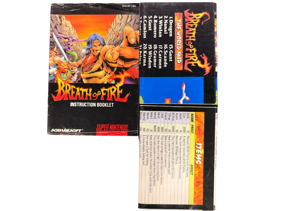 Breath of Fire Super Nintendo Entertainment System SNES retro video game role playing adventure featuring dragon transformations turn based combat fantasy characters exploration magical abilities challenging battles classic 16 bit graphics Super Nintendo gaming experience retro game collection appeal manuals and maps