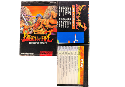 Breath of Fire Super Nintendo Entertainment System SNES retro video game role playing adventure featuring dragon transformations turn based combat fantasy characters exploration magical abilities challenging battles classic 16 bit graphics Super Nintendo gaming experience retro game collection appeal manuals and maps