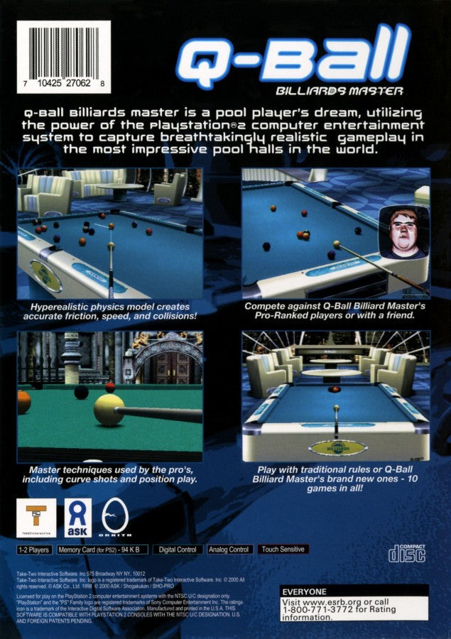 Q-Ball Billiards Master – PlayStation 2 (PS2) video game back of case, cue sports simulation game.
