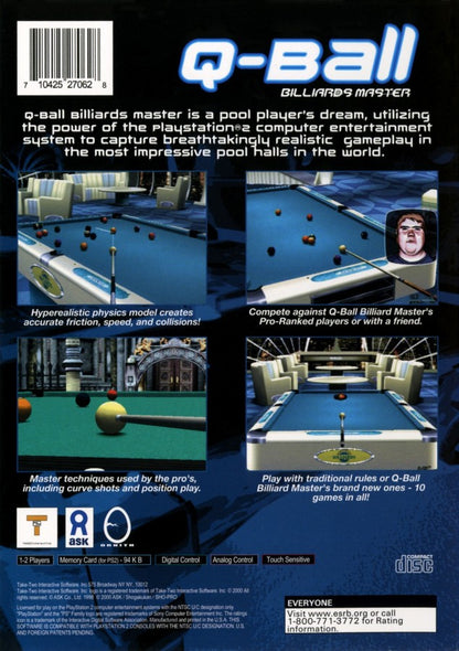 Q-Ball Billiards Master – PlayStation 2 (PS2) video game back of case, cue sports simulation game.
