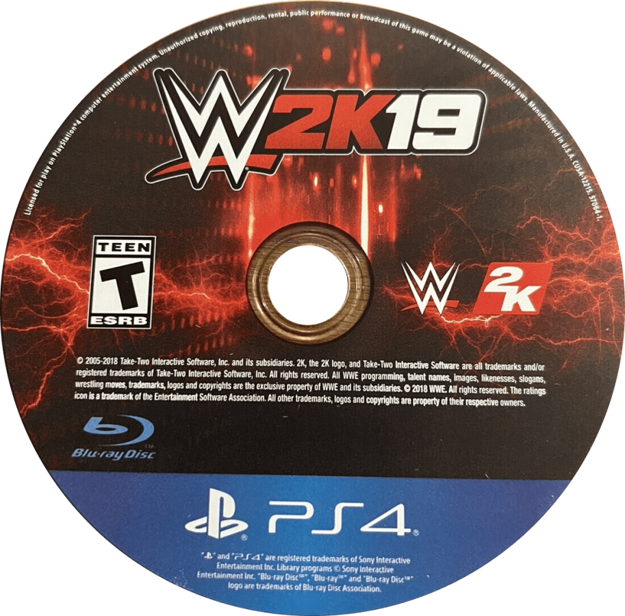 WWE 2K19 – PlayStation 4 (PS4) video game disc, professional wrestling sports game.