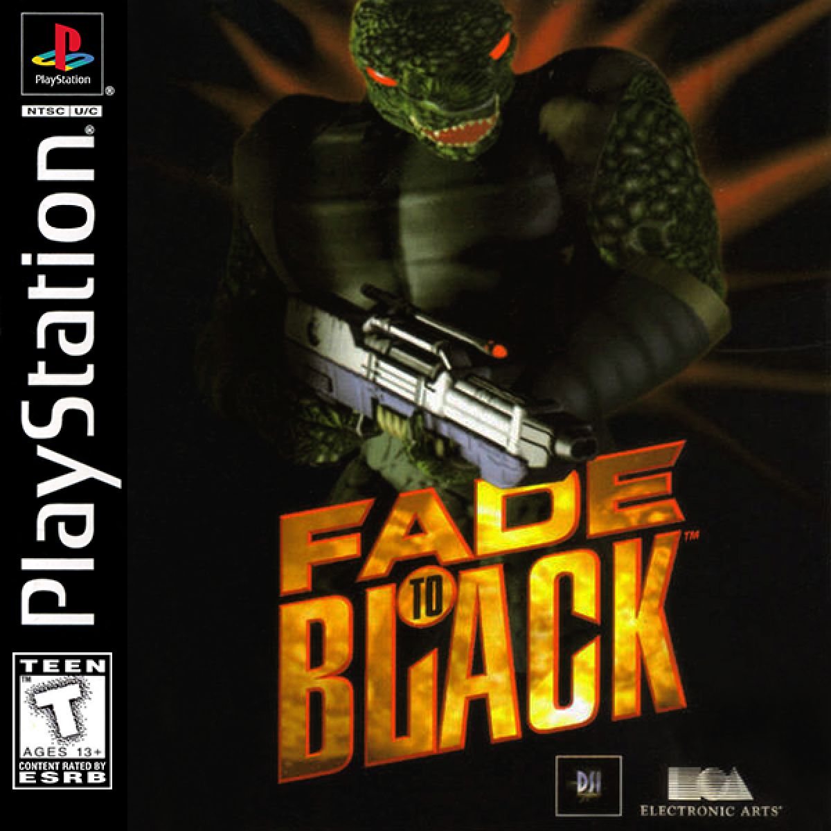 Fade to Black PlayStation PS1 for action adventure video game fans featuring third person sci fi gameplay futuristic exploration intense combat puzzle solving space environments cinematic storytelling platforming challenges and immersive cyberpunk adventure collectible gaming appeal front cover art