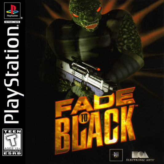 Fade to Black PlayStation PS1 for action adventure video game fans featuring third person sci fi gameplay futuristic exploration intense combat puzzle solving space environments cinematic storytelling platforming challenges and immersive cyberpunk adventure collectible gaming appeal front cover art