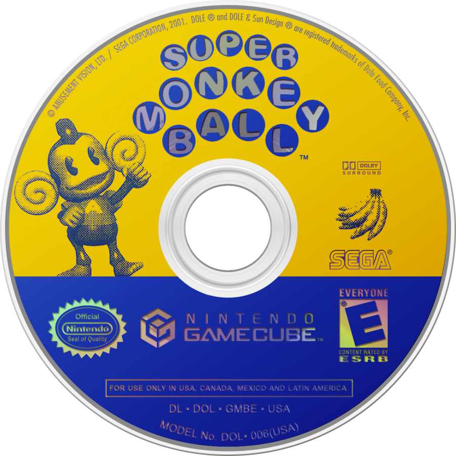 Super Monkey Ball GameCube GC video game, arcade puzzle platformer, ball-rolling adventure, multiplayer, family-friendly, Nintendo GameCube classic disc art
