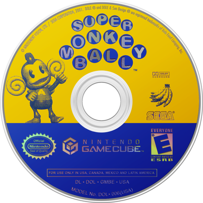 Super Monkey Ball GameCube GC video game, arcade puzzle platformer, ball-rolling adventure, multiplayer, family-friendly, Nintendo GameCube classic disc art