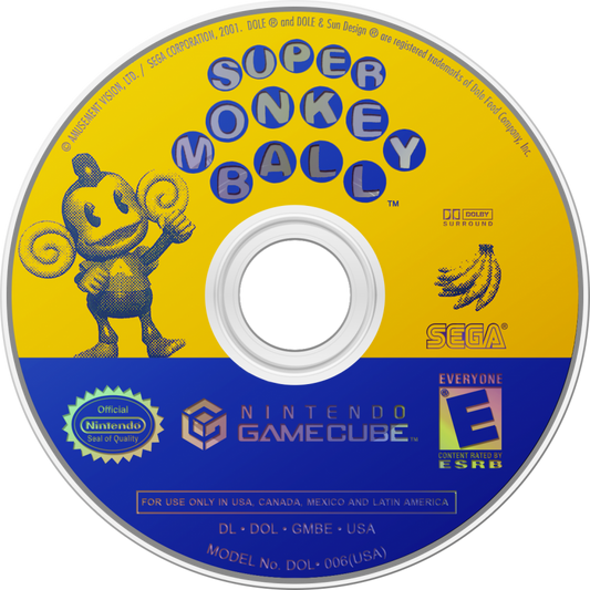 Super Monkey Ball GameCube GC video game, arcade puzzle platformer, ball-rolling adventure, multiplayer, family-friendly, Nintendo GameCube classic disc art