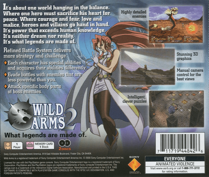 Wild Arms 2 back of case for PlayStation 1 (PS1) role-playing video game