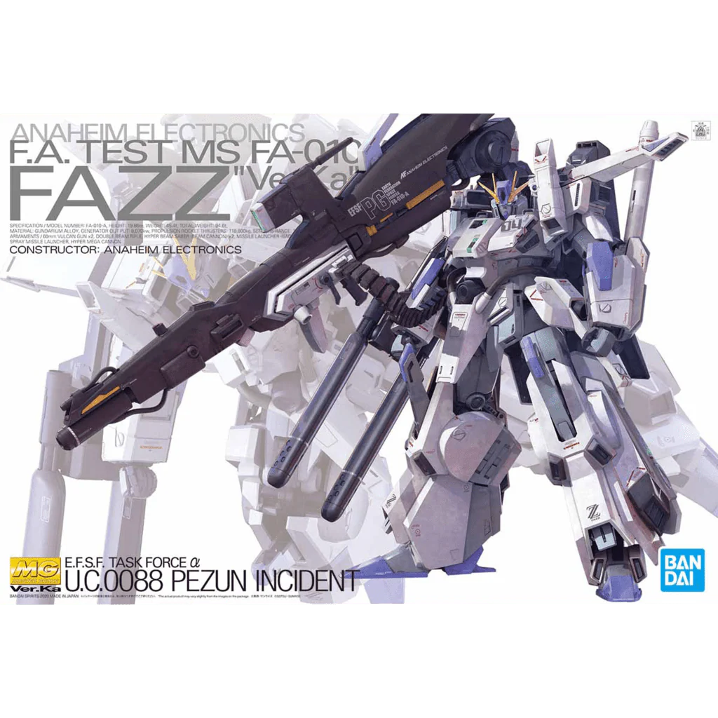 Gundam MG FAZZ Ver Ka Model Kit featuring Master Grade Gunpla construction detailed mechanical design articulated poseable model snap together assembly premium Ver Ka styling customizable display piece and collectible anime model building appeal box