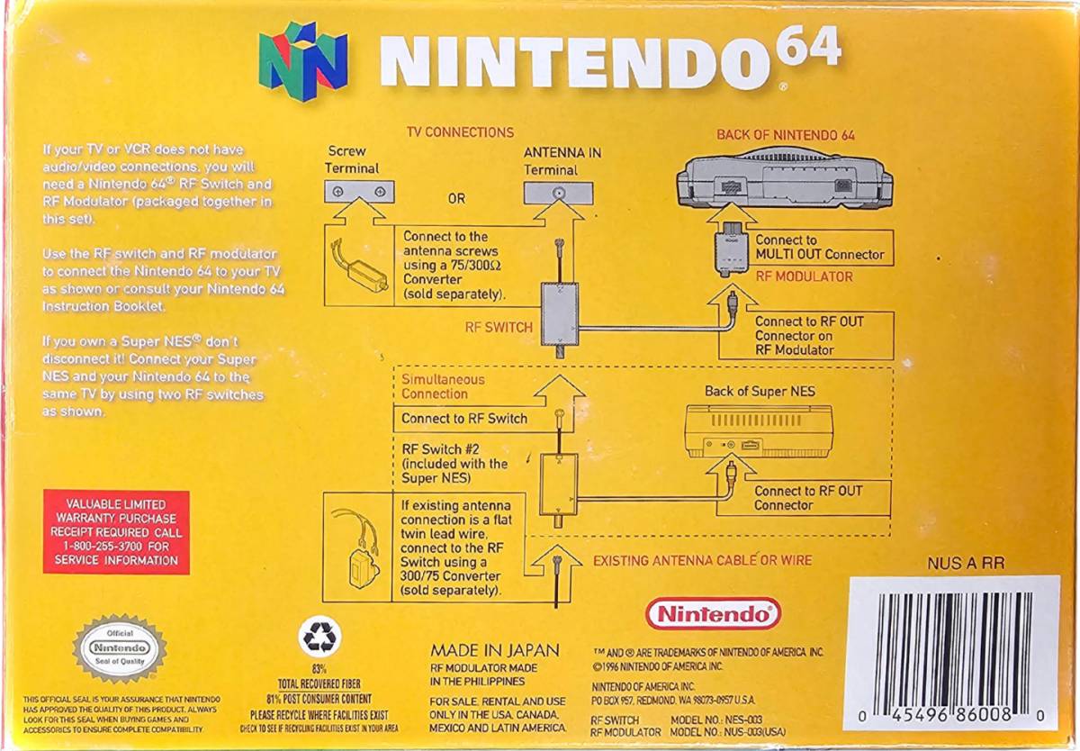 RF Switch CIB Nintendo 64 N64 accessory featuring television connection support for Nintendo 64 console RF switch hardware classic gaming setup compatible Nintendo 64 systems complete in box retro video game accessory N64 collection collectible gaming hardware appeal back box cover art