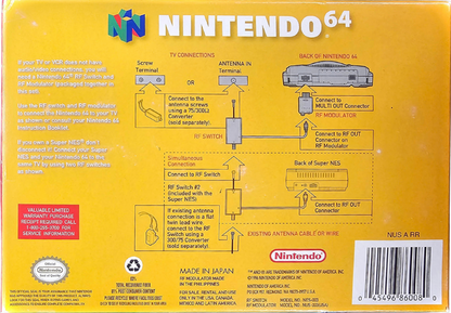 RF Switch CIB Nintendo 64 N64 accessory featuring television connection support for Nintendo 64 console RF switch hardware classic gaming setup compatible Nintendo 64 systems complete in box retro video game accessory N64 collection collectible gaming hardware appeal back box cover art