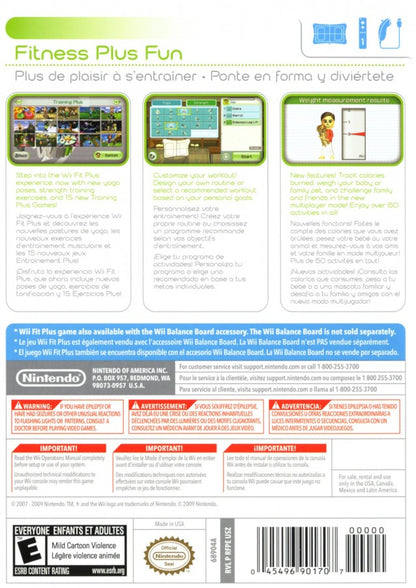 Wii Fit Plus back cover art for Nintendo Wii (Wii) featuring expanded fitness activities with the Wii Balance Board, customizable workout routines, and new balance games.
