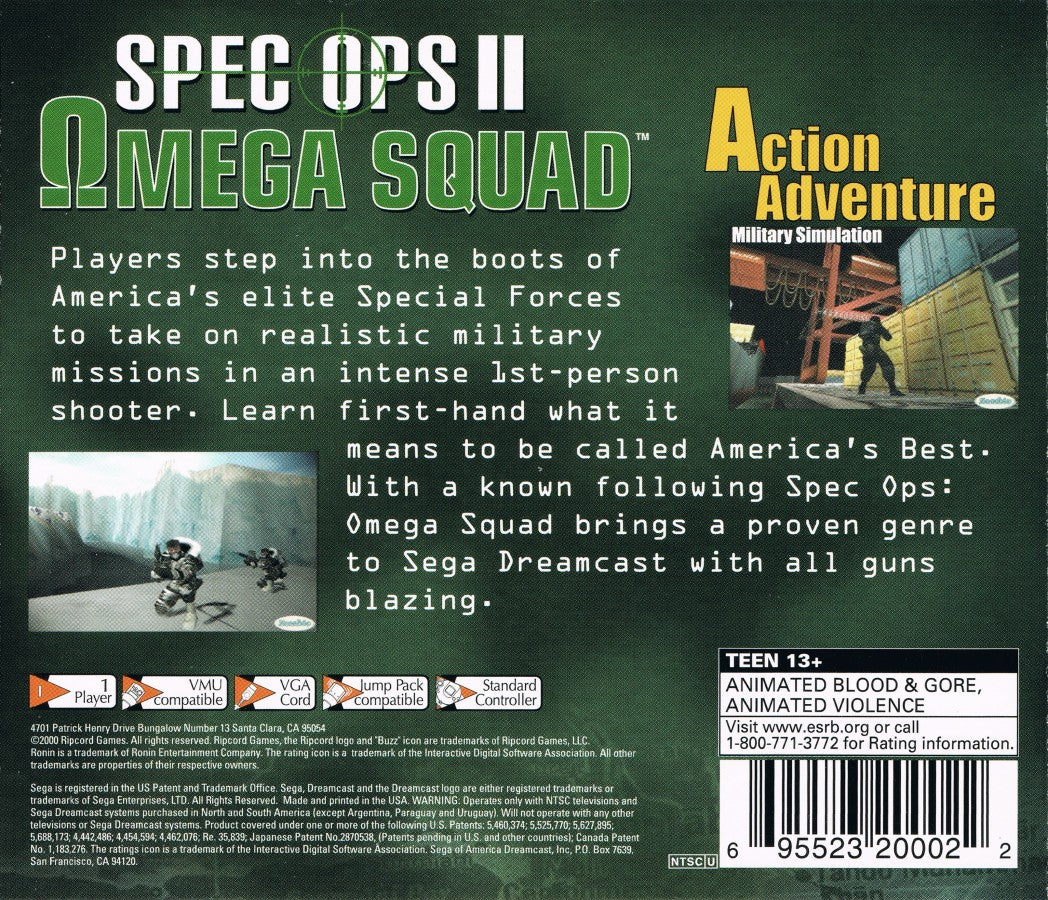 Spec Ops II: Omega Squad Sega Dreamcast DC for tactical third person shooter retro video game fans featuring elite special forces missions squad based combat realistic military weapons strategic objectives intense firefights collectible gaming appeal back of case