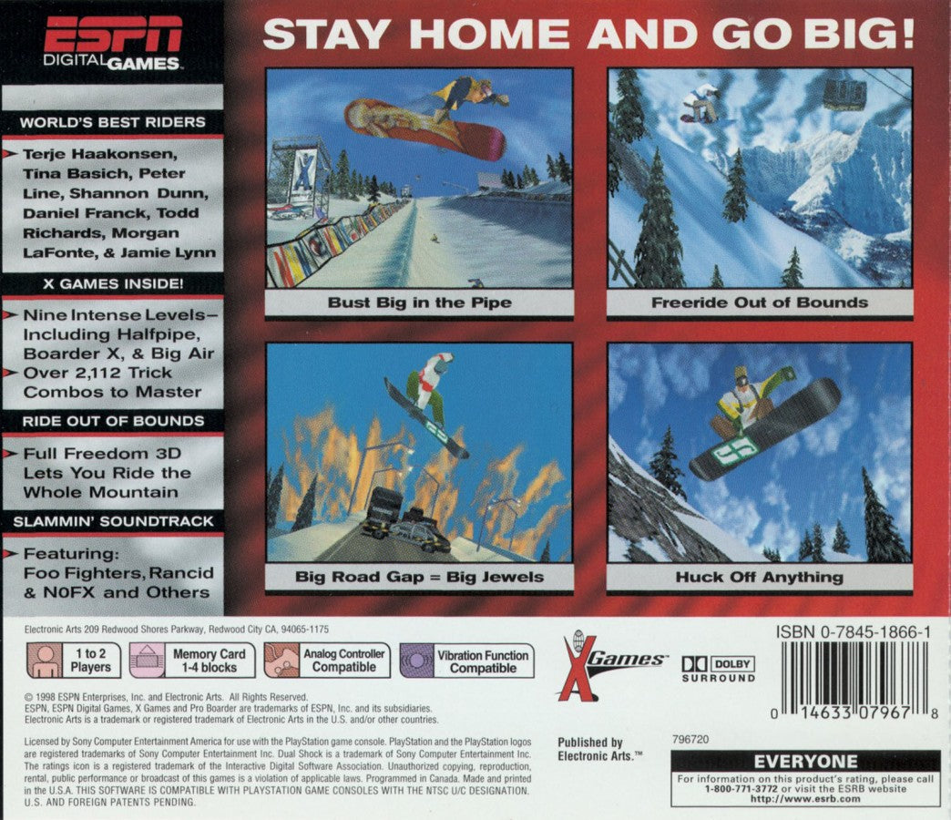 ESPN X Games: Pro Boarder retro extreme sports snowboarding game for PlayStation 1 (PS1) back of case