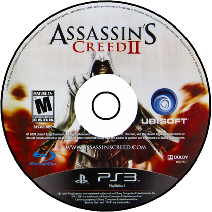 Assassin’s Creed II action-adventure retro video game for PlayStation 3 (PS3), featuring Ezio Auditore in Renaissance Italy disc